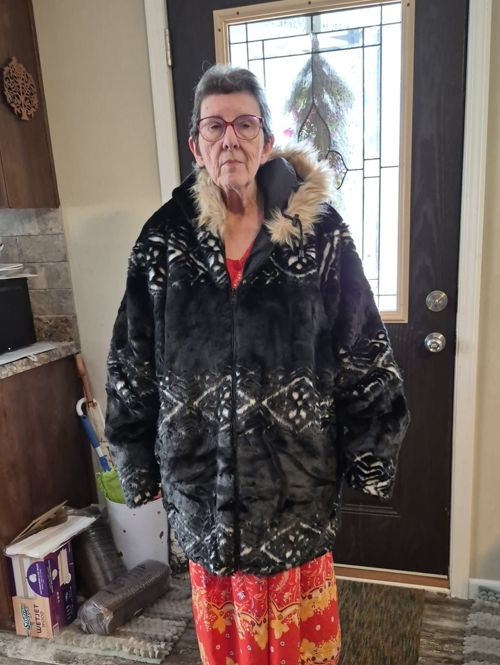 Woman Within Black Faux Fur Hooded Puffer with Cream Faux-Fur Trim